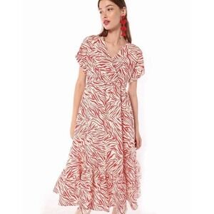 Villagalo 100% Linen Zebra Red Maxi Dress Lined Spanish EU40 (US6) NWOT $248